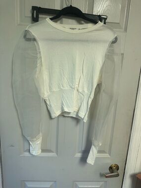 Sheer Sleeve White Women's Top - Contemporary Crewneck medium